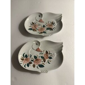 Vintage Pair Of Duck Shaped Serving Dishes w/Pink Roses Painted On Them